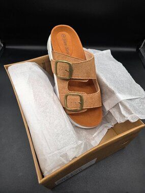 Women’s Double Buckle Platform Slide Sandals – Tan – Size 9 – NIB